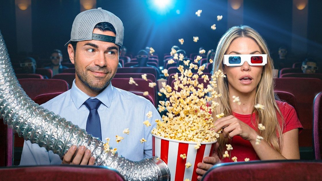Mark Rober's "I Engineered The Perfect First Date" thumbnail, a busy movie-theater scene with Rober, a woman in 3D glasses, flying popcorn, and a silver duct