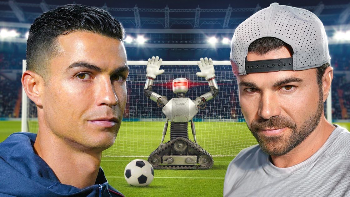 Mark Rober's "Ronaldo vs My Unbeatable Goalie Robot" thumbnail, Cristiano Ronaldo's face on the left, Rober's on the right, and a robot goalie in the net between them