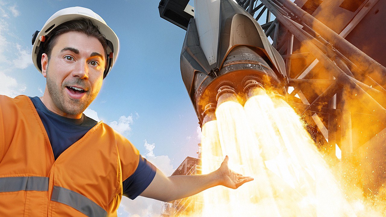 Mark Rober's "I Spent $5,000,000 So You Can Go To Space For FREE" thumbnail, Rober in a safety vest gesturing toward a rocket launching with a warm flame plume against blue sky