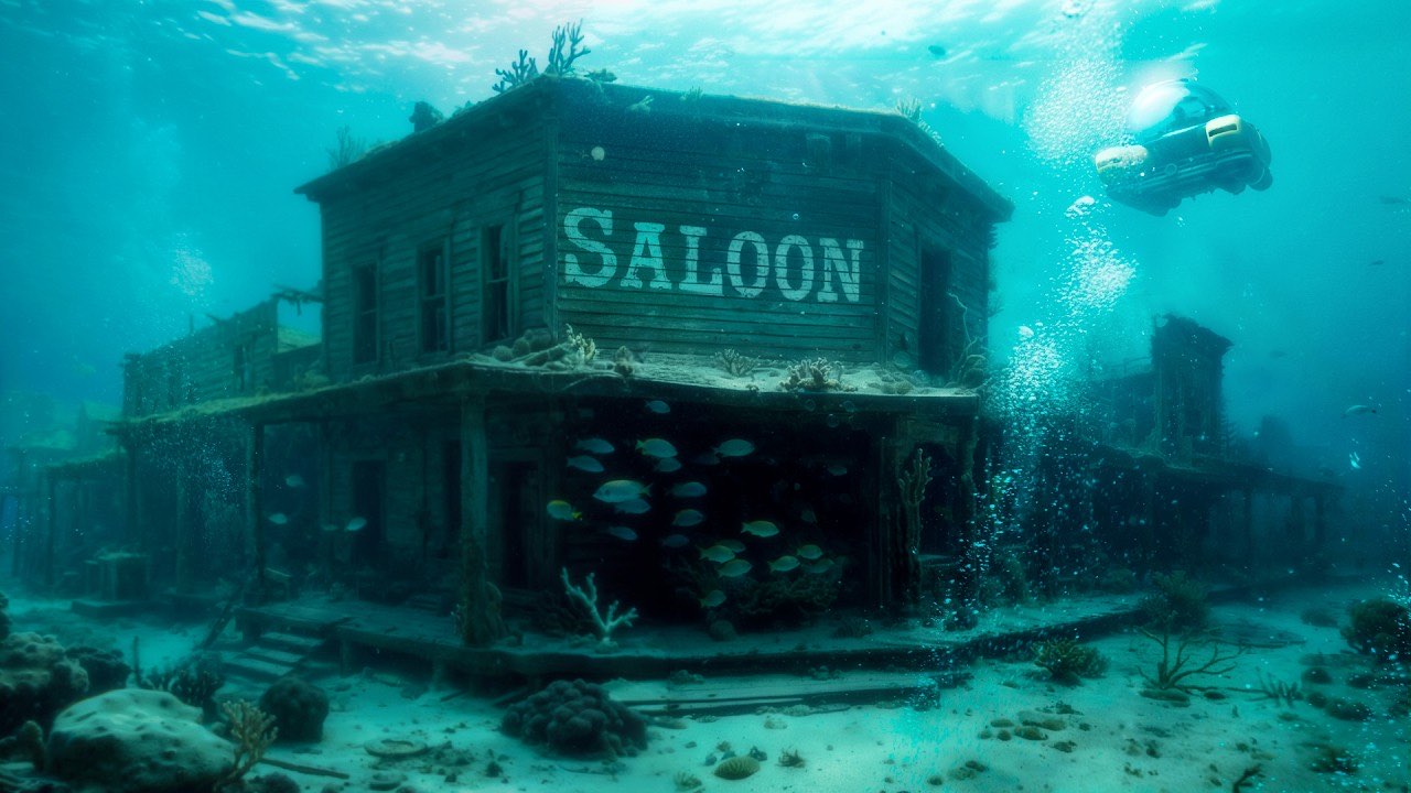 Mark Rober's "Uncovering America's Underwater City" thumbnail, a sunken wooden saloon on the seafloor with a small submarine