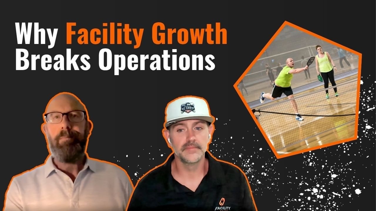 A B2B podcast thumbnail with three competing focal points: two host cutouts side by side at the bottom left, a photograph of a pickleball match in an angled frame at the top right, five words of headline text across the top, and white speckle effects scattered over a dark grey background