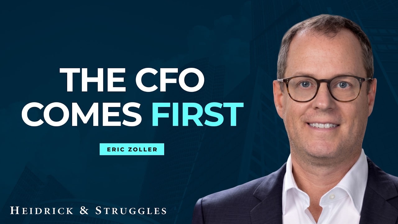 A well-made B2B podcast thumbnail from Heidrick and Struggles: one executive's face large on the right, four words of white and cyan text reading The CFO Comes First on a dark blue background, with the firm's logo at the bottom