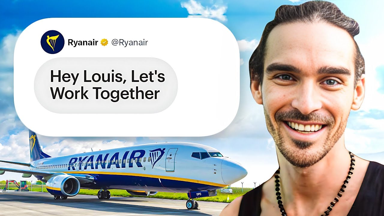 A podcast thumbnail showing one guest's face large and smiling directly at camera, beside a screenshot of a direct message from Ryanair reading Hey Louis, Let's Work Together, with a Ryanair aircraft behind