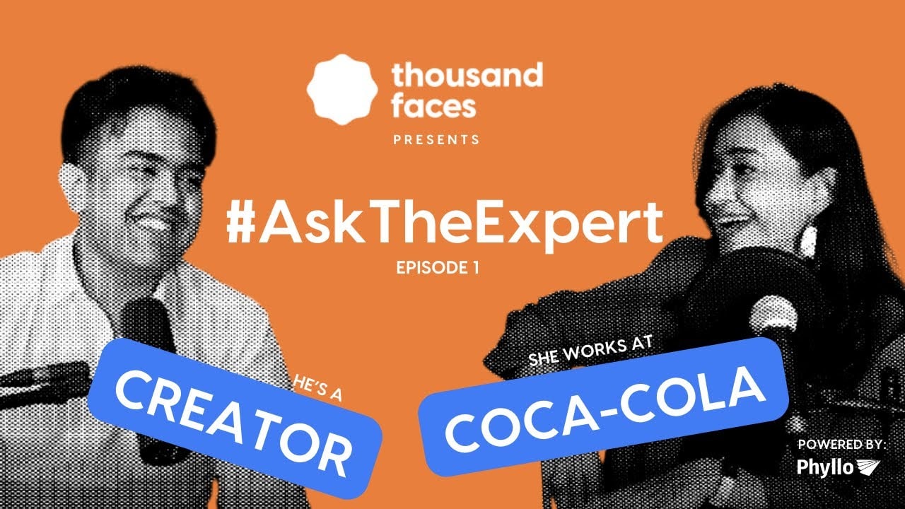 A podcast thumbnail using a fixed brand system: flat orange background, two halftone portraits, the show logo centred, and two blue callout badges reading HE'S A CREATOR and SHE WORKS AT COCA-COLA